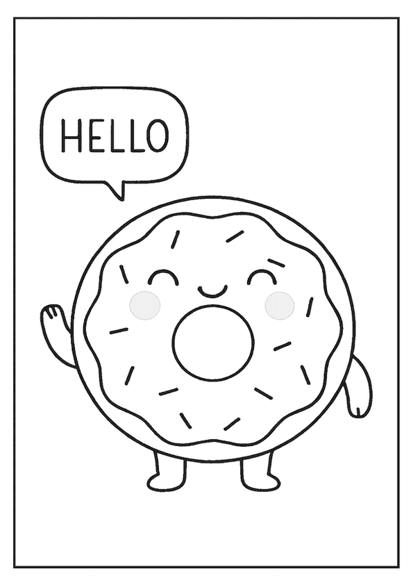 Kawaii donut coloring page saying hello with a speech bubble.