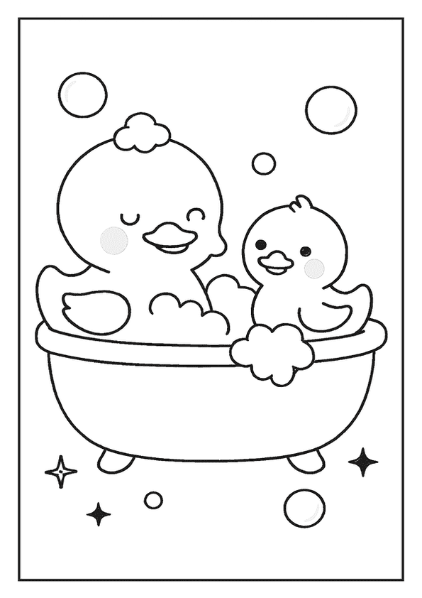 Two cute Kawaii duckies splashing and playing in a bathtub with bubbles.