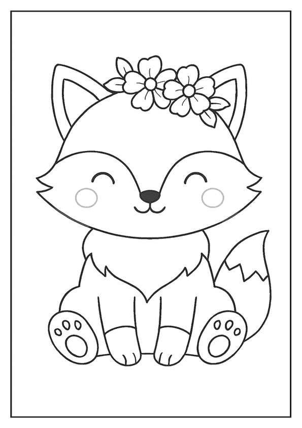 Kawaii fox coloring page with a happy little fox wearing a flower crown.