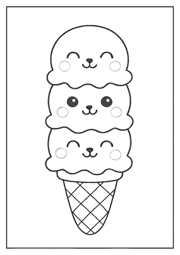  A tall ice cream cone with three scoops, all smiling, in a Kawaii dessert coloring page.