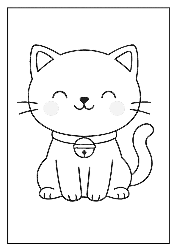 Cute and happy Kawaii kitten coloring page with a bell on its collar.