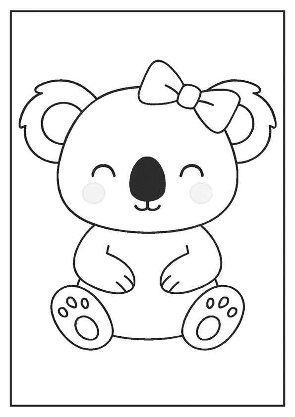 A delightful Kawaii koala wearing a cute bow on her head in a coloring page.