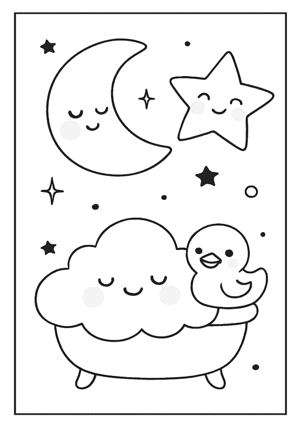 A sleepy moon, a winking star, and a happy duck with a cloud-like bathtub in a Kawaii coloring page.