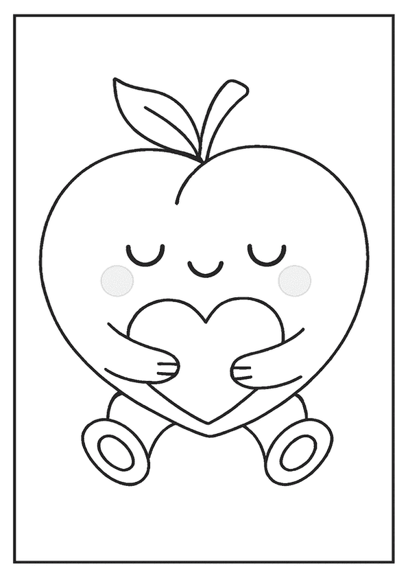Kawaii peach coloring page hugging a heart.