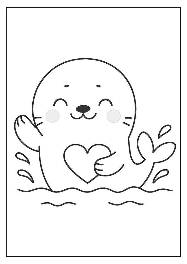A playful Kawaii seal making a splash, holding a heart in the water.