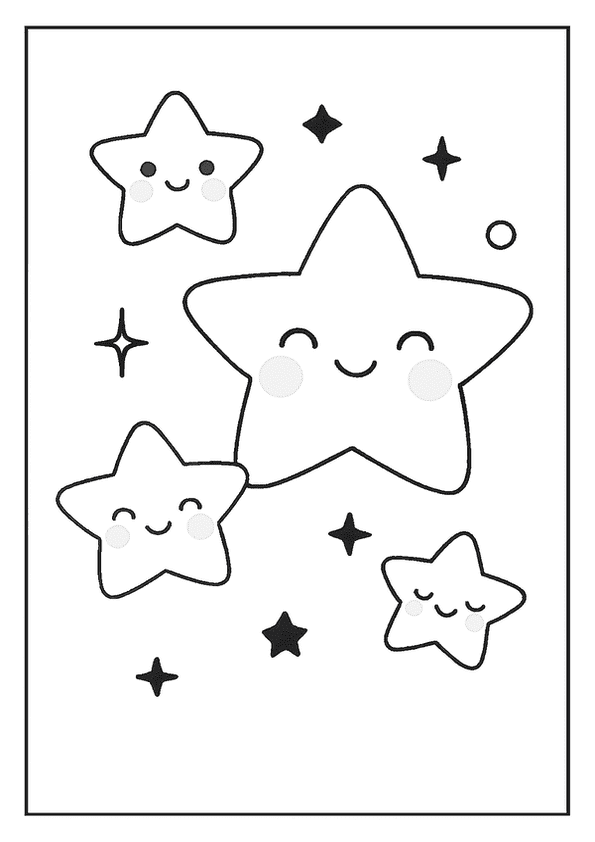 A group of smiling stars of various sizes in a Kawaii coloring page.