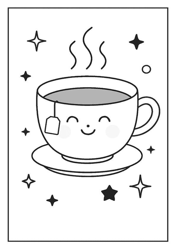 Kawaii coloring page of a smiling teacup with a tea bag and steam.