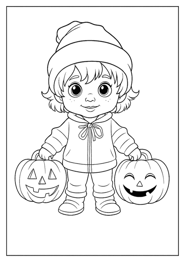 A happy child in a beanie and jacket holds two different smiling jack-o'-lanterns.