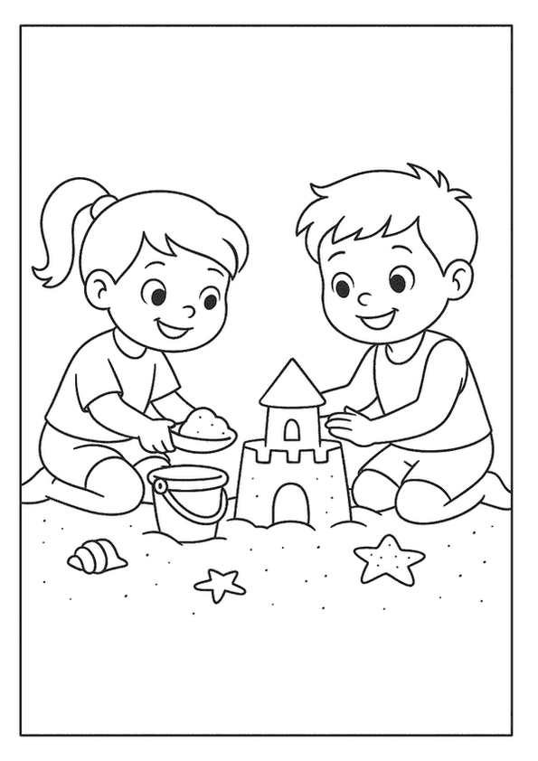Two happy kids building a sandcastle together on a sunny Summer beach.