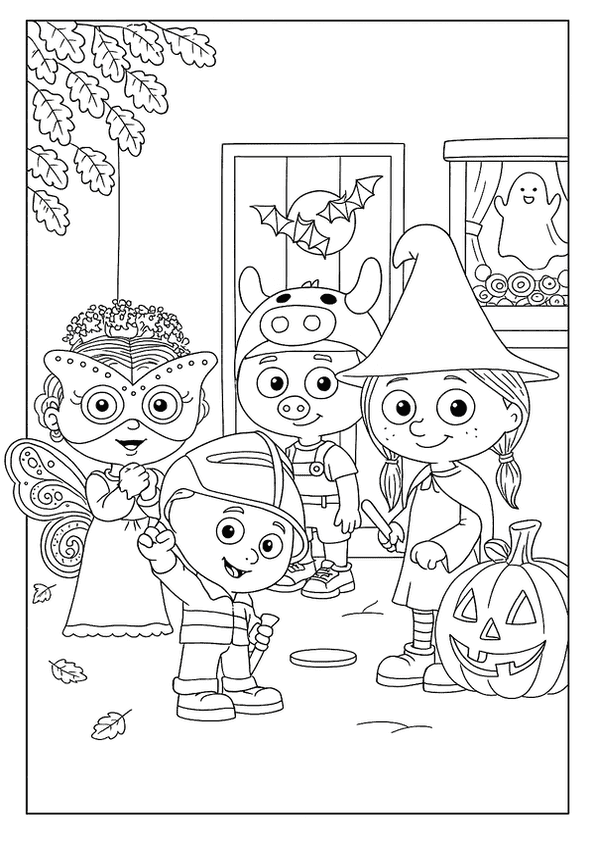 Four costumed children dressed as a fairy, pig, firefighter, and witch, with a pumpkin and ghost nearby.