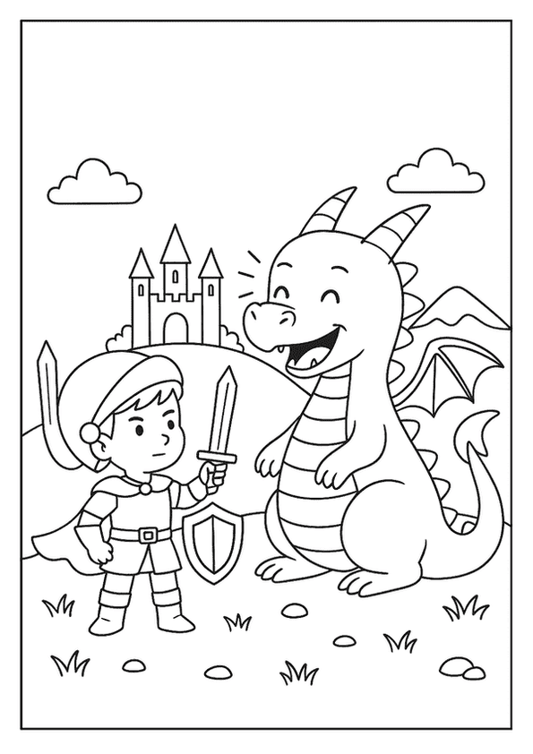 Knight meets the Dragon coloring page with a smiling dragon and a brave knight.