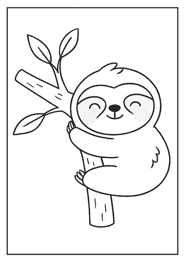 Lazy Kawaii sloth coloring page showing a relaxed sloth hanging on a tree branch.