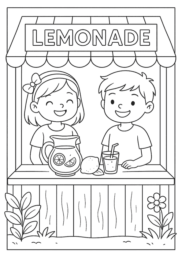Two happy kids selling lemonade at a stand on a sunny day.