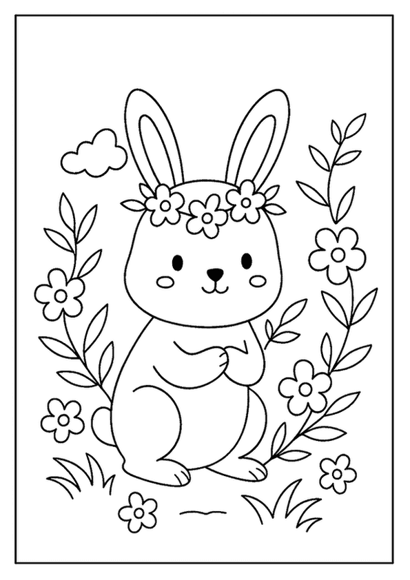 Little bunny with garland, a sweet Easter coloring page with a rabbit wearing a flower crown.
