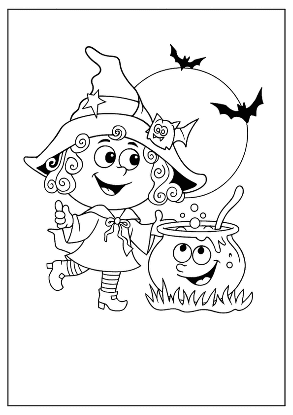 A cheerful cartoon witch with curly hair, holding a magic potion cauldron under a moon with bats.