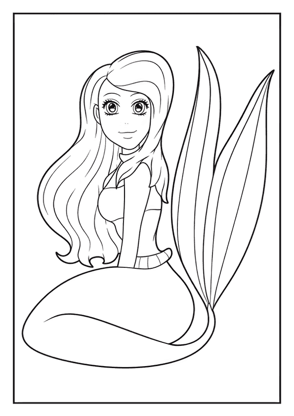A beautiful mermaid coloring page of a pretty mermaid sitting and looking back with a happy face.