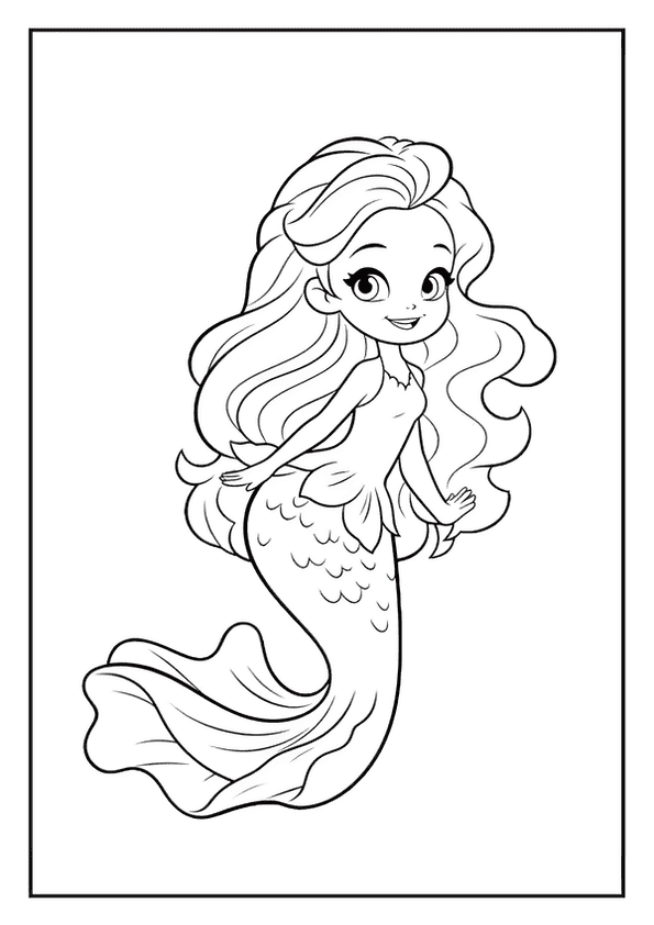 An adorable mermaid coloring page of a cute mermaid with long, wavy hair and a big, friendly smile.