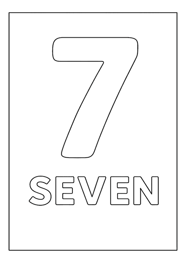 The number 7 and the word "SEVEN" in outlines, ready for a number coloring page.