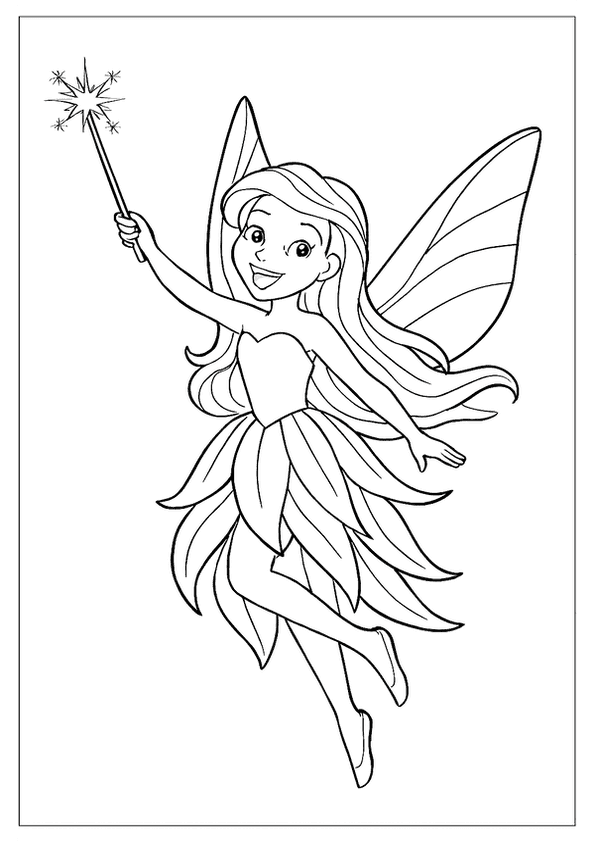 A Happy Fairy With A Magic Wand And Flower Petal Dress, A Charming Coloring Sheet For Kids.