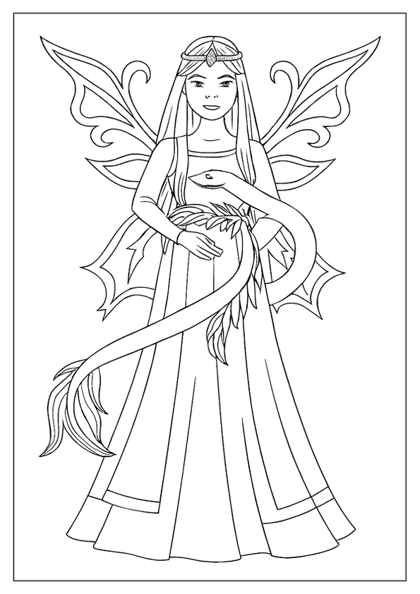 A Majestic Fairy With Long Hair And A Crown, Holding A Sea Serpent, A Unique Coloring Sheet.