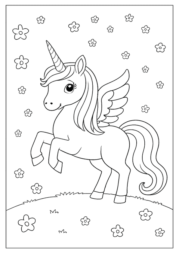 A Pegasus Unicorn Coloring Page. This Winged Unicorn Prances On A Grassy Hill Surrounded By Stars.