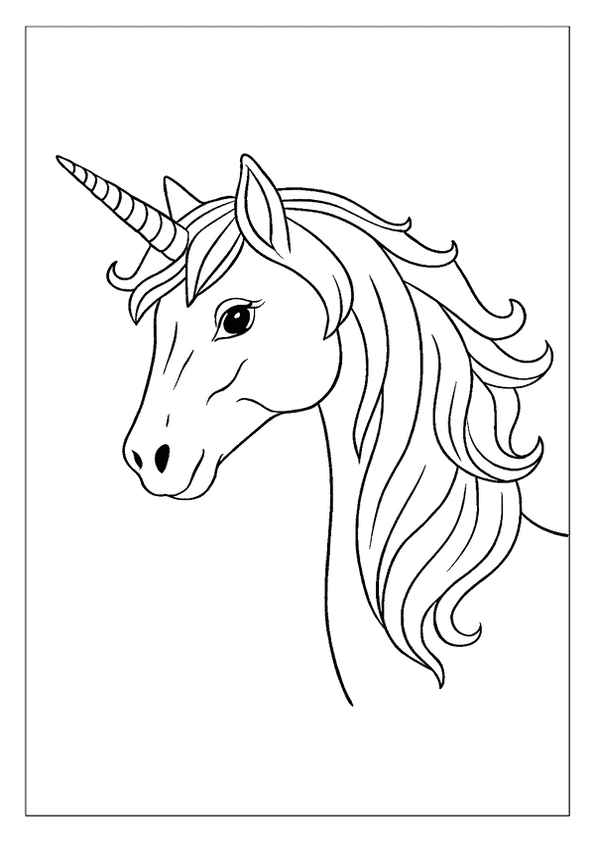 A Unicorn Coloring Page Showing A Detailed Headshot Of A Majestic Unicorn With A Long, Flowing Mane.