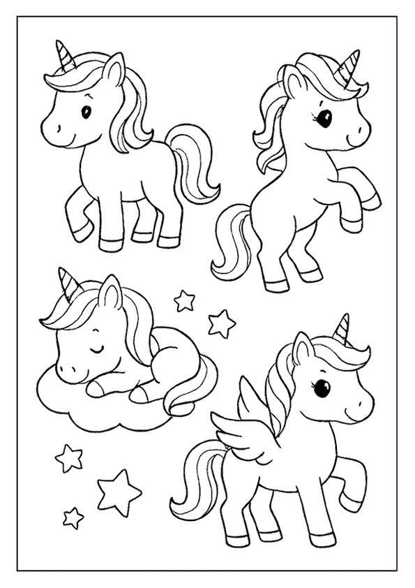 Enchanting unicorn coloring pages for children, including flying, standing, and sleeping magical ponies.
