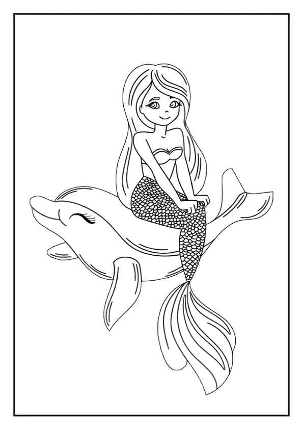 A magical mermaid coloring page featuring a mermaid riding happily on the back of a smiling dolphin.