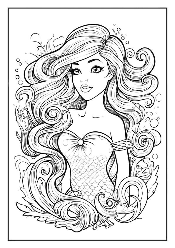 An intricate mermaid coloring page showing a beautiful mermaid with a detailed tail and flowing hair.