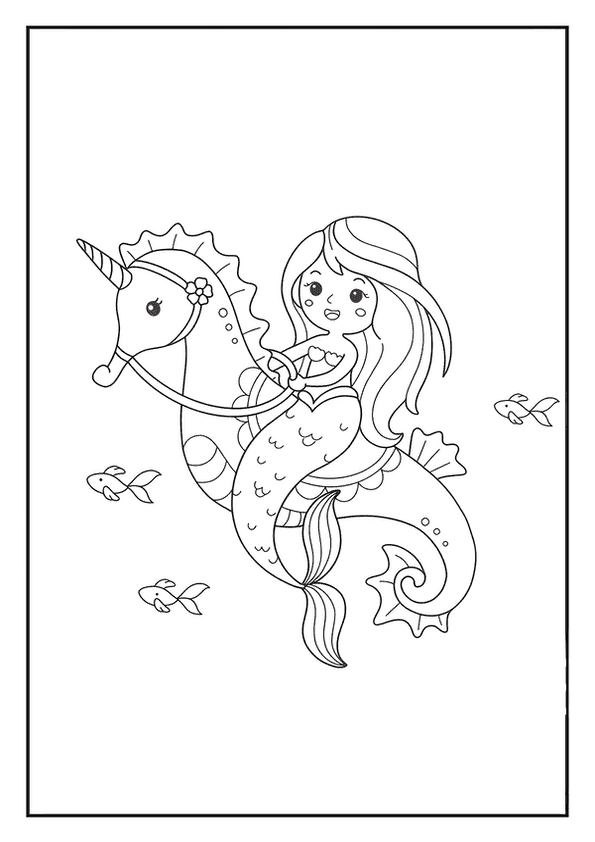 An adventurous mermaid coloring page showing a cute mermaid riding a majestic seahorse.