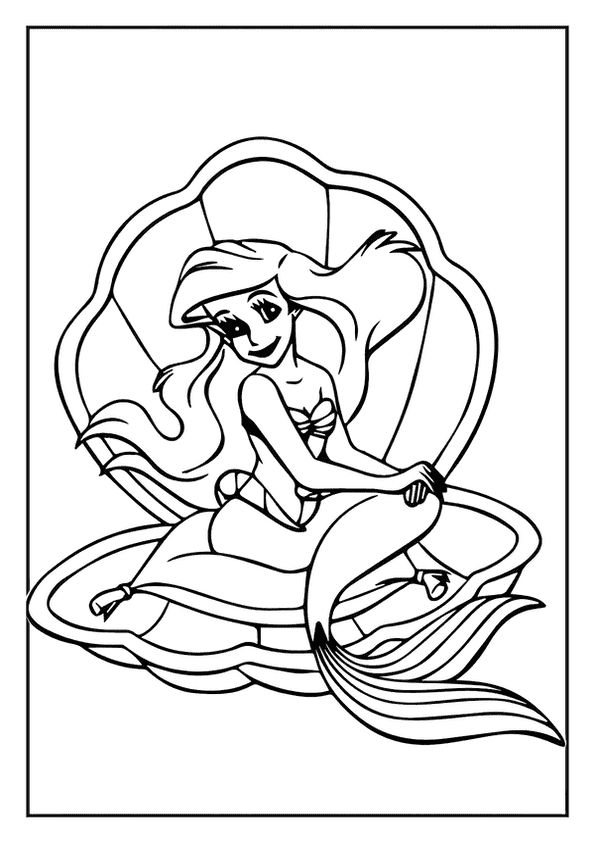 An iconic mermaid coloring page of a princess mermaid sitting on a seashell with a big smile.