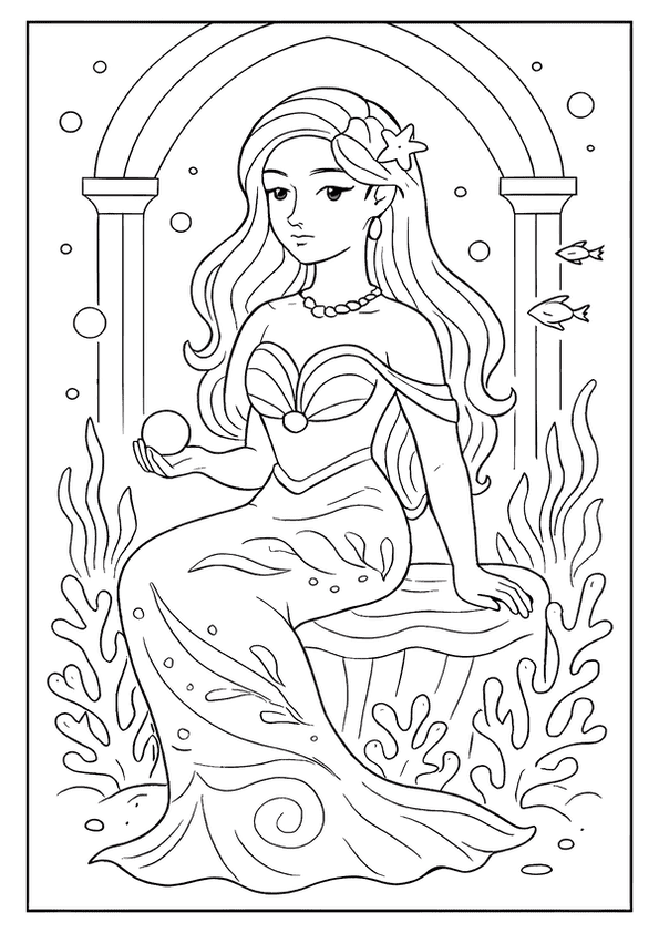 A majestic mermaid princess sitting on a throne with an archway.