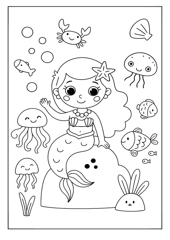 This mermaid coloring page shows a friendly mermaid with a pearl necklace, sitting on a seabed rock with a smiling fish nearby.