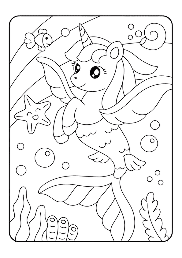 A magical mermaid coloring page featuring a cute mermaid-unicorn hybrid, surrounded by sea life.