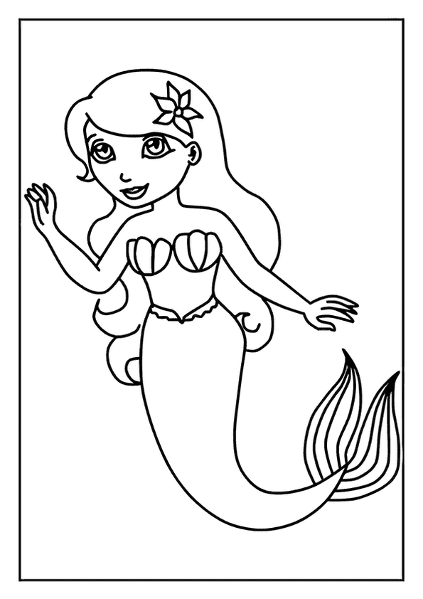 A friendly mermaid coloring page of a sweet mermaid waving to a friend with a flower in her hair.