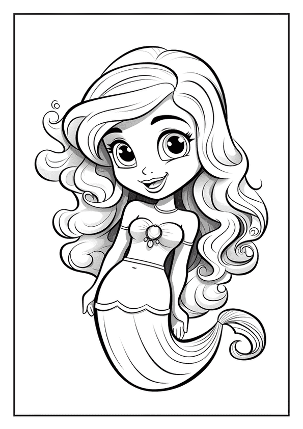 A magical mermaid coloring page of a cute chibi mermaid with big, bright eyes and a happy smile.