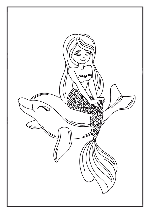 An excellent mermaid coloring page featuring a mermaid riding happily on the back of a smiling dolphin.