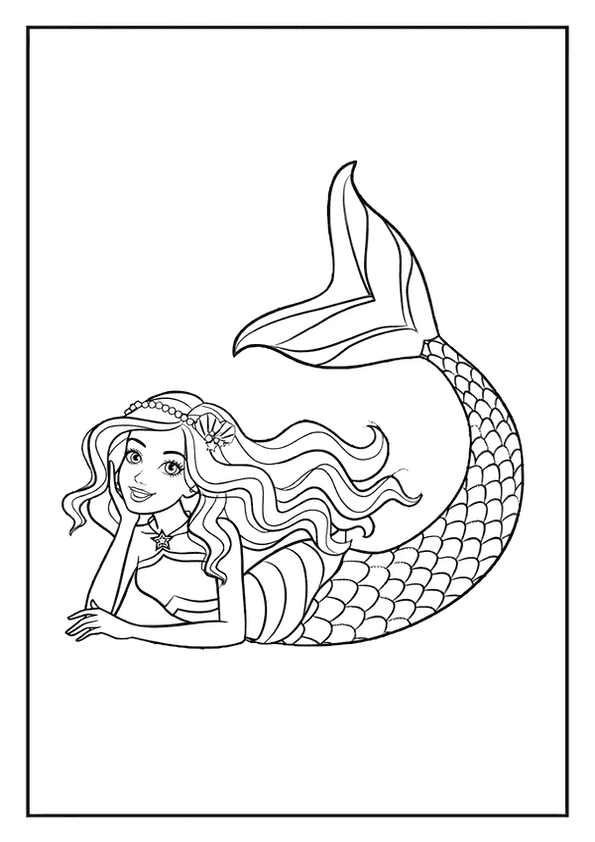 An elegant mermaid coloring page of a mermaid lying down and resting, with beautiful long hair and a crown.