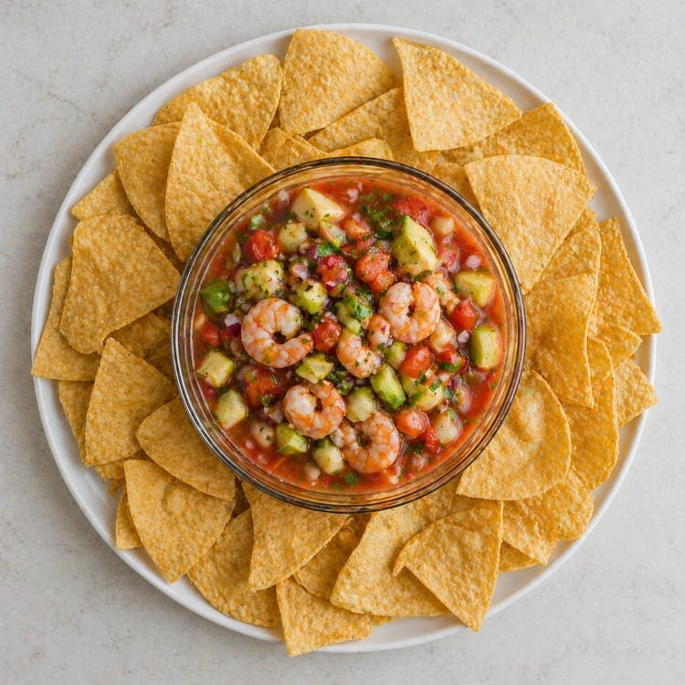 Fresh Mexican shrimp cocktail served on crispy tostada bites.