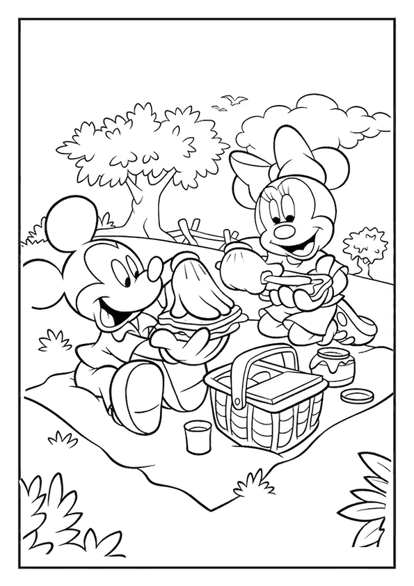 Minnie and Mickey Mouse enjoying a picnic together.
