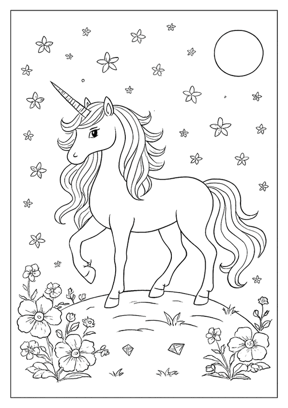 Magical Unicorn Coloring Page With A Long Mane, Standing On A Hill Surrounded By Flowers And Gems.