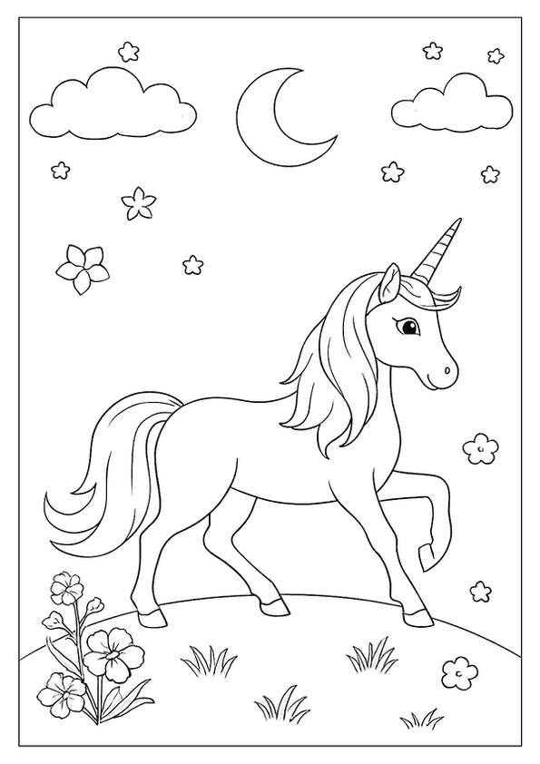 A Magical Unicorn Coloring Page. The Scene Shows A Unicorn In A Field Under A Crescent Moon And Stars.