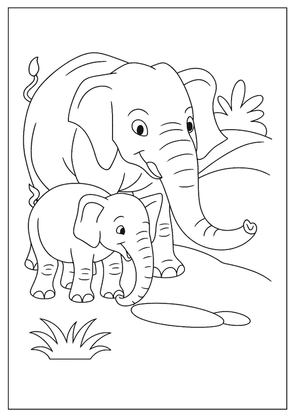 A Simple Elephant Coloring Page Of A Mother And Her Baby Elephant Standing Together.