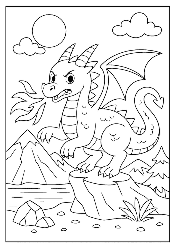Majestic mountain dragon coloring page breathing fire from a cliff overlooking a lake.