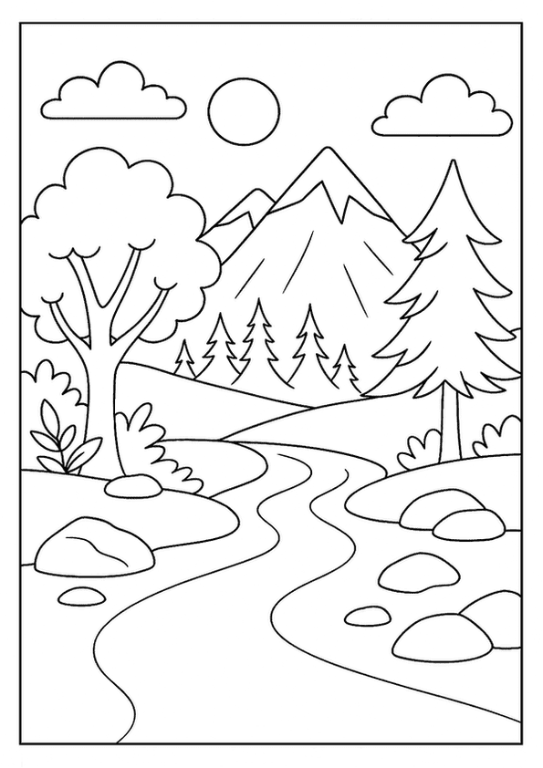 Nature scenes coloring page for kids, showing a winding river, mountains, trees, and clouds.