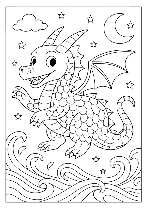 Playful dragon coloring page with a crescent moon, stars, and swirling water.