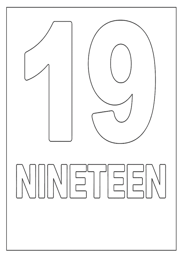 Outline of the number nineteen with "NINETEEN" text, perfect for a number coloring page.