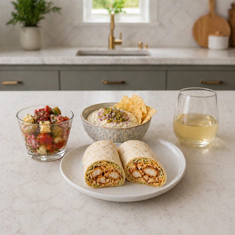 An organized spread of different no-cook party appetizers with serving tips.