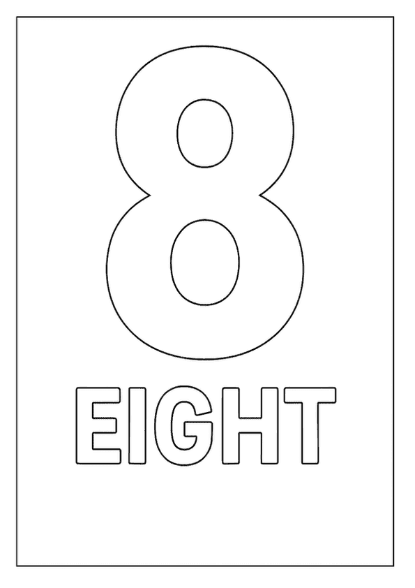 A bold outline of the number 8 with the word "EIGHT" beneath, ideal for a number coloring page.