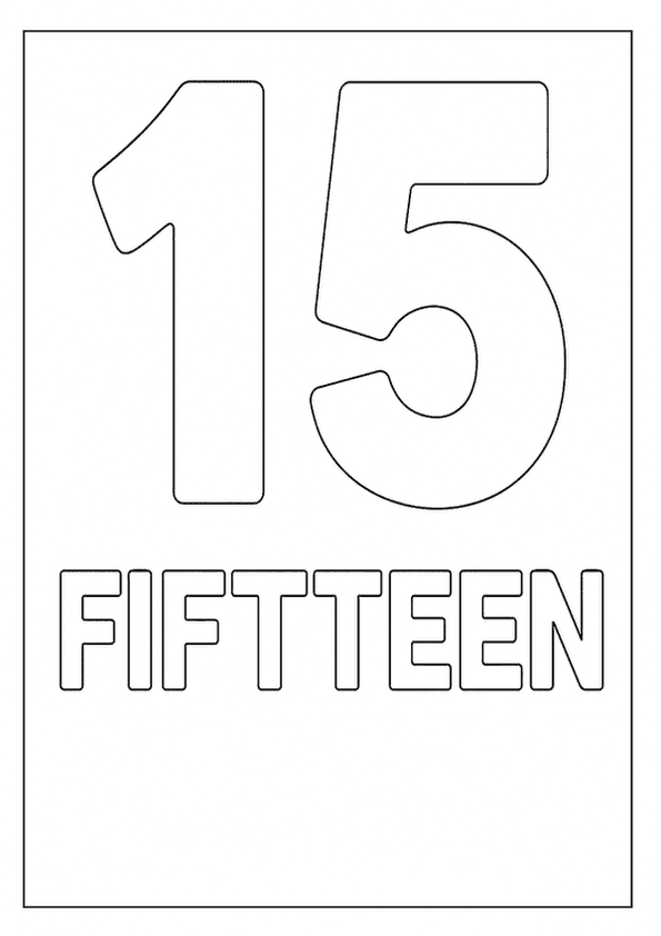 A clear outline of the number 15 and the word "FIFTEEN" for a number coloring page.